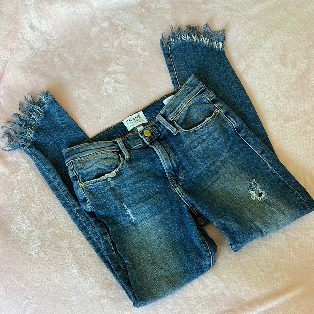 Frame Denim Le High Skinny Blue Jeans with Distressed Details
